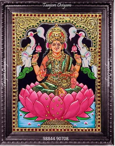 Gajalakshmi with Elephants Tanjore painting seated pink lotus slender white elephants gold foil artwork